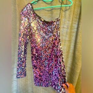 NWT Sophie Silver/Magenta SequinOne-ShoulderSingleLongSleeveCocktailMinidress